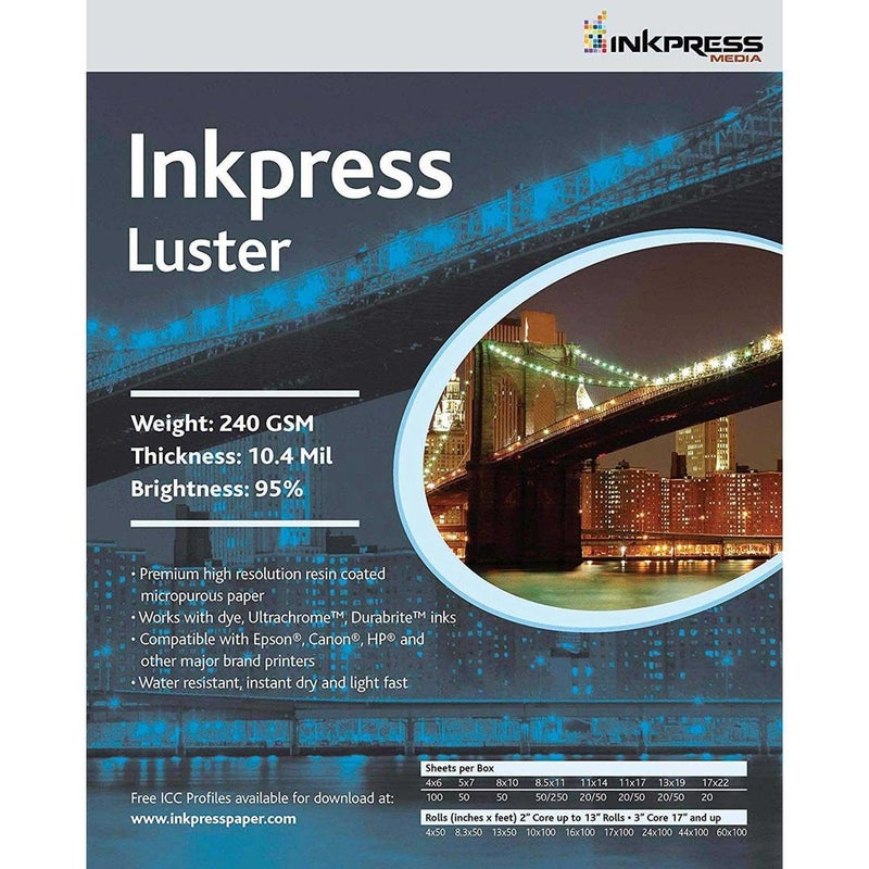 Inkpress Luster Premium Single Sided Bright Resin Coated Photograde Inkjet Paper, 10.4mil., 240gsm., 4x6" 100 Sheets
